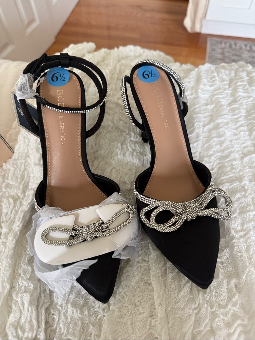 Marshalls Black Pointed-Toe Ankle-Strap Heels with Rhinestone Bow